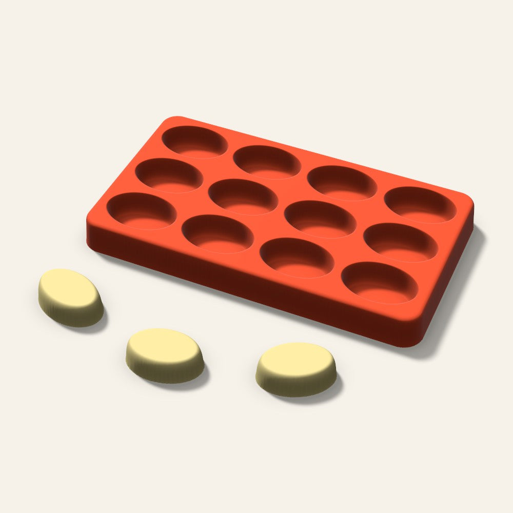 Oval Butter Pat Mold, 1.25 Inch, 12 Cavity, 3D render
