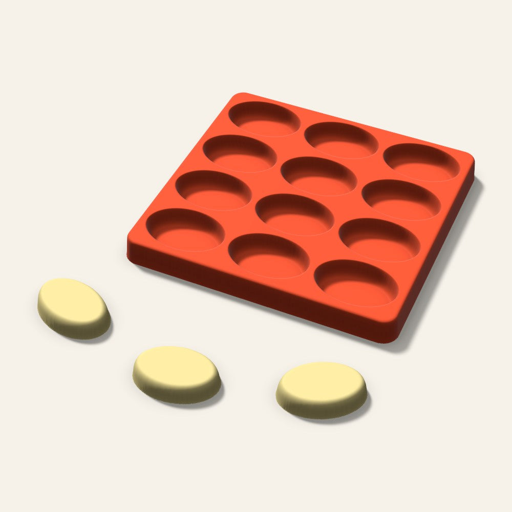 Oval Butter Pat Mold, 1.75 Inch, 12 Cavity, 3D render